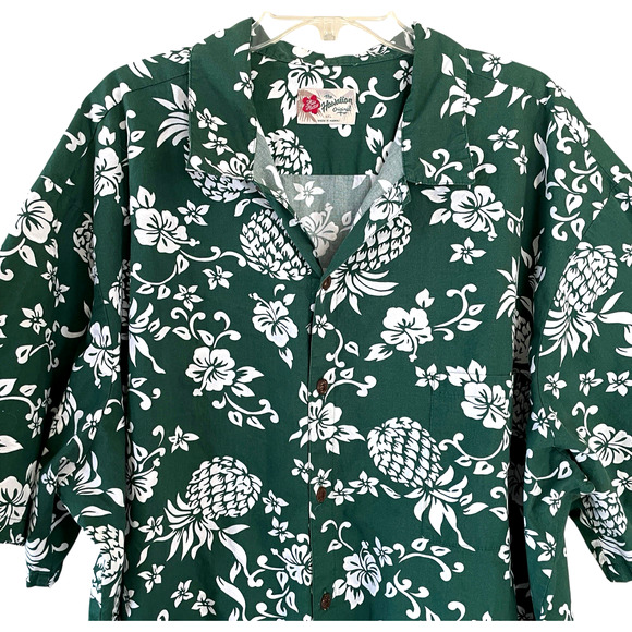 HILO HATTIE Men's Size 4XL Green Button-Up Short Sleeve Hawaiian Aloha Shirt - Picture 3 of 5
